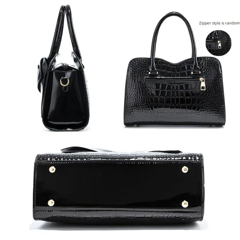 Black Crocodile Pattern Bow Handbag | Patent Faux Leather Purse w/ Strap - Picture 3 of 7